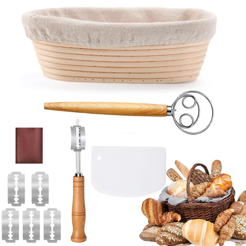 Banneton Bread Proofing Basket Set, 10" Oval Banneton Baskets, Sourdough Bread Baking Supplies with Bread Lame,   Dough Whisk, C